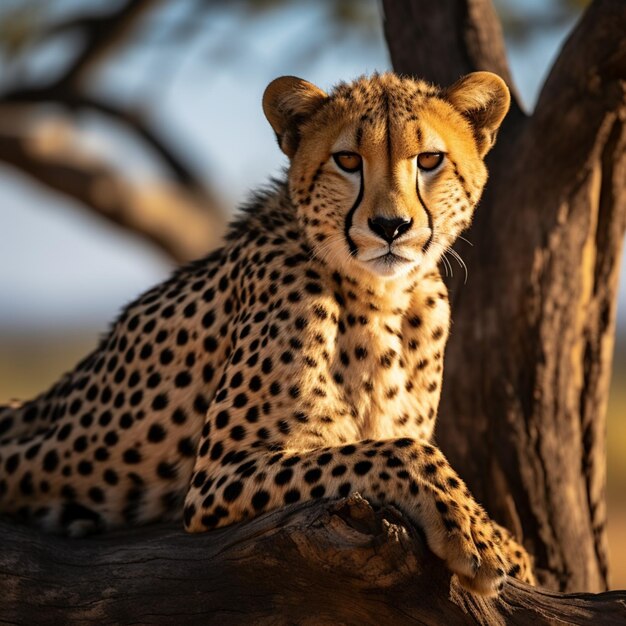 Гепард, отдыхающий на стволе дерева в Национальном парке Серенгети, Танзания