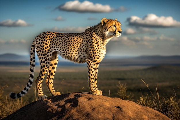 A cheetah on a rock in the wild