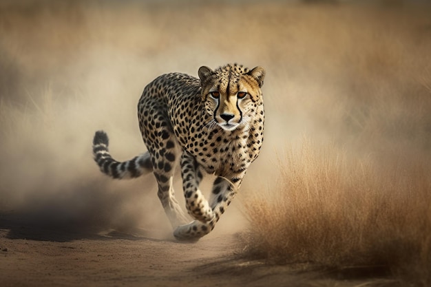 A cheetah running in the desert