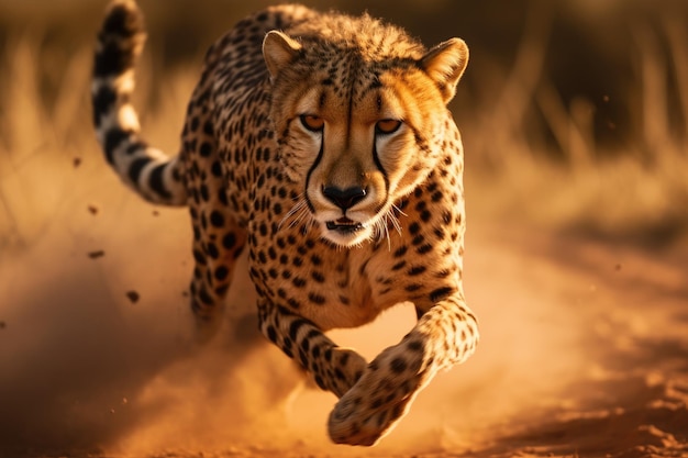 남아공 크루거 공원에서 먼지 속에서 달리는 치타 Specie Acinonyx jubatus Felidae의 Acinonyx jubatus family a cheetah running close up AI Generated