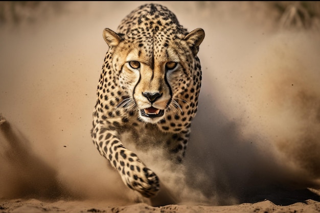 ほこりの中を走るチーター AI で生成されたアフリカの野生動物のシーン