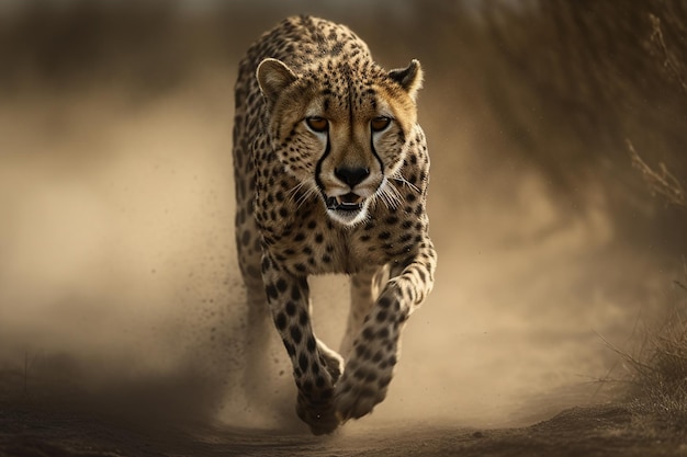 A cheetah running in the sand