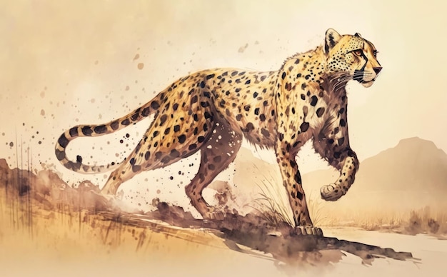 A cheetah running. watercolor illustrations for kids cartoon style ai generated