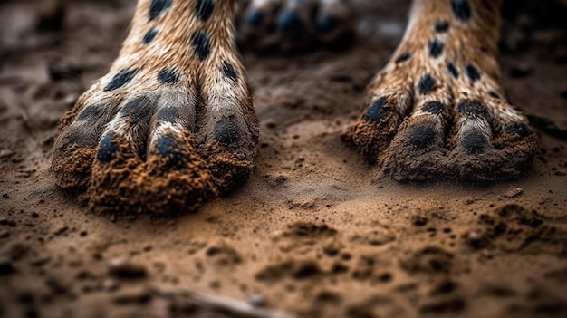 Photo a cheetah's paws are covered in mud and mud.