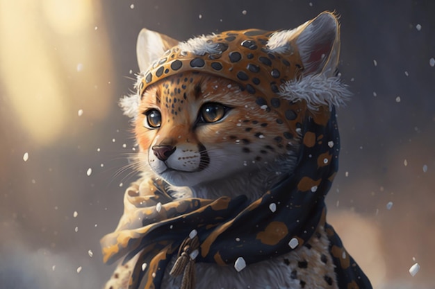 A cheetah in a scarf and hat stands in the snow.