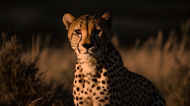 A cheetah sits in the grass in the evening.