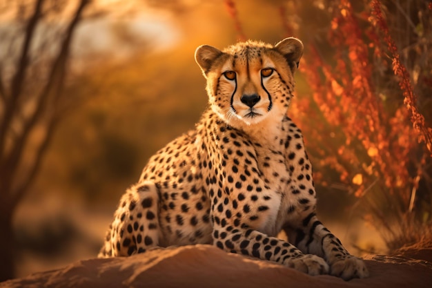 A cheetah sits on a rock in the desert.