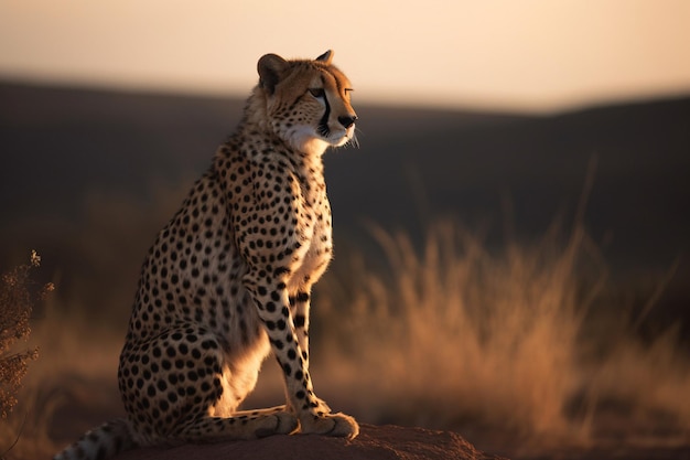 A cheetah sits on a rock in the sunset