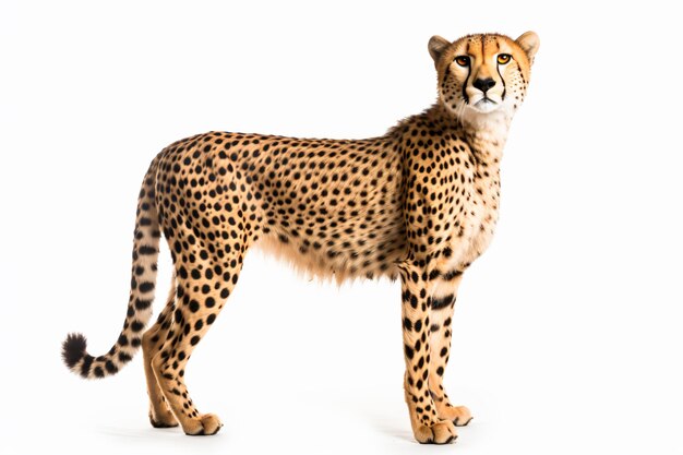 a cheetah standing on a white surface