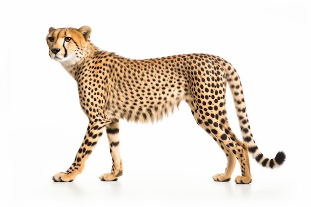 a cheetah standing on a white surface