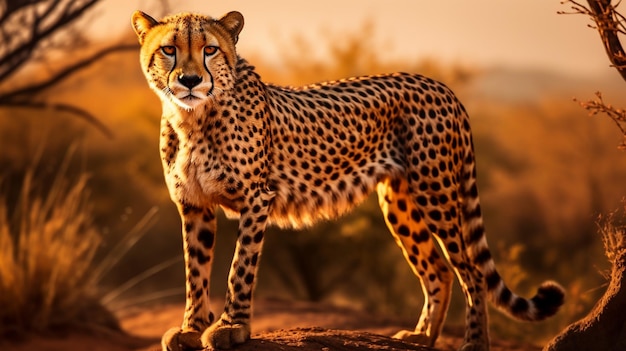 a cheetah stands on a hill in the sunset.