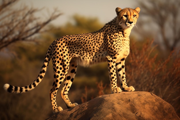 A cheetah stands on a rock in the african bush.