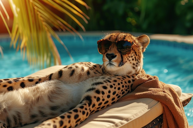 Cheetah in sunglasses lying on the edge of a swimming pool