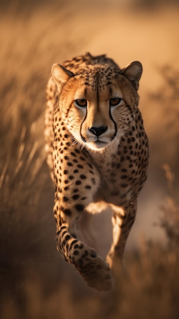 Cheetah walking towards camera in the grass in the Okavango Delta Botswana Generative AI