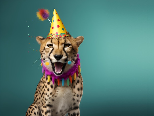Premium AI Image | A cheetah wearing a party hat that says 