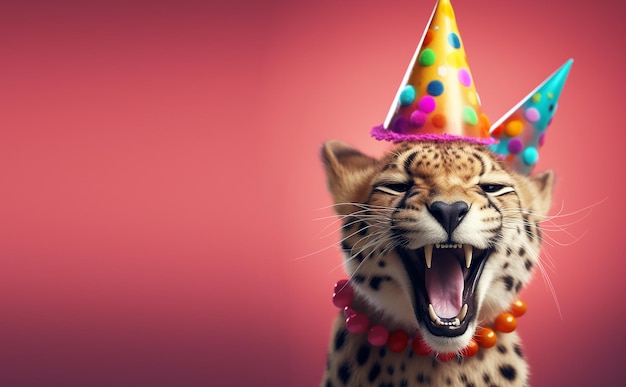 Photo a cheetah wearing a party hat with a party hat