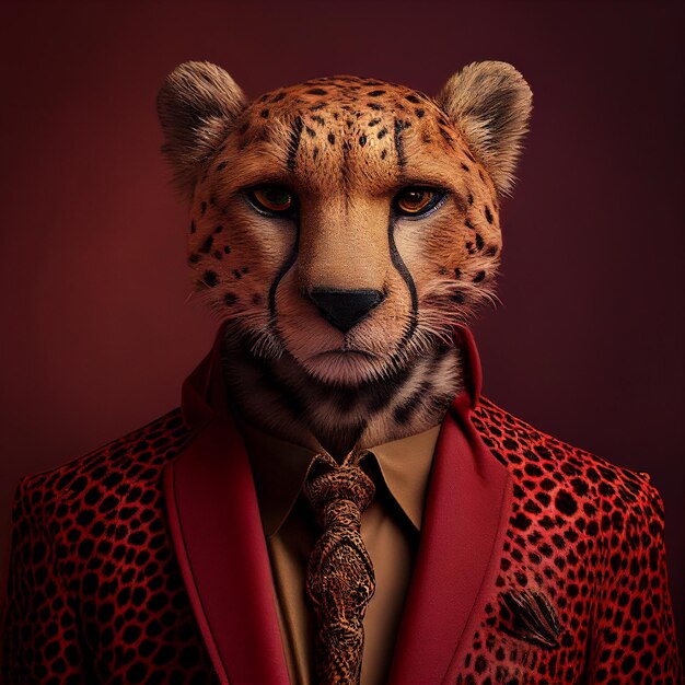 Photo a cheetah wearing a red jacket and a red shirt.