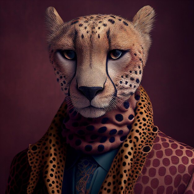 A cheetah wearing a suit and tie with a blue tie.