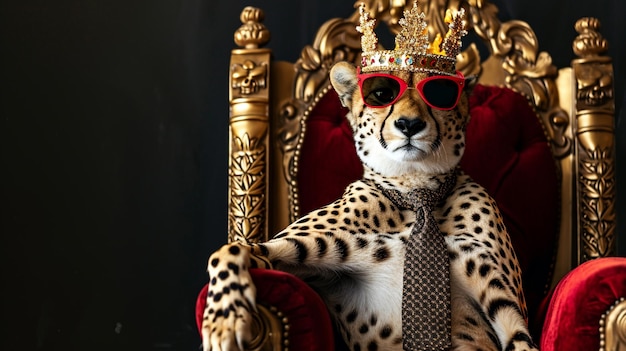 cheetah wearing tie with crown and sunglasses sitting on a throne closeup AI Generative