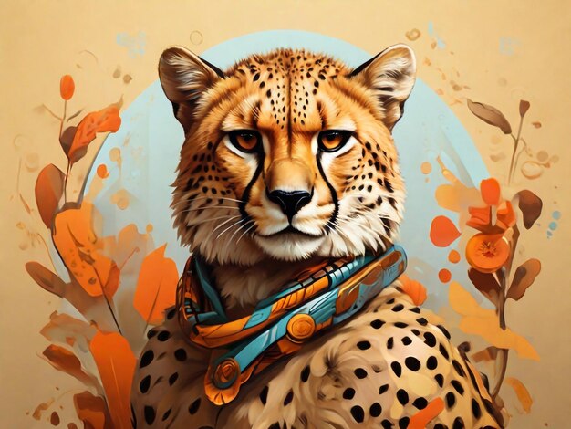 a cheetah with a blue necklace and orange flowers