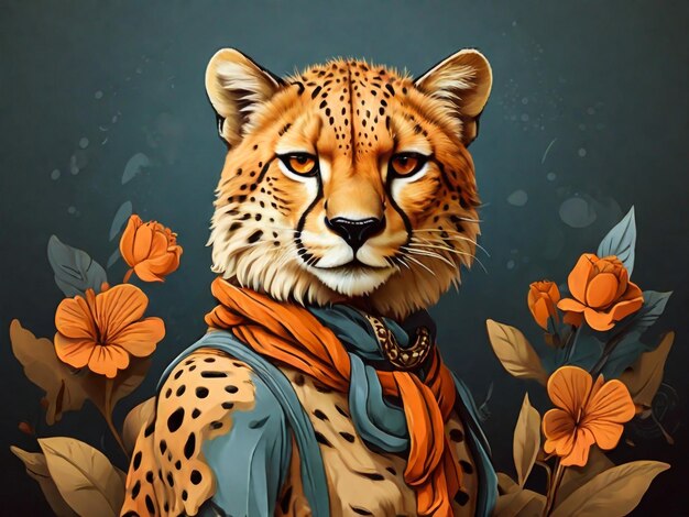 a cheetah with orange flowers in the background