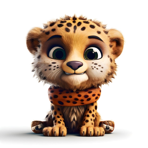 Cheetah with orange scarf isolated on white background 3D illustration