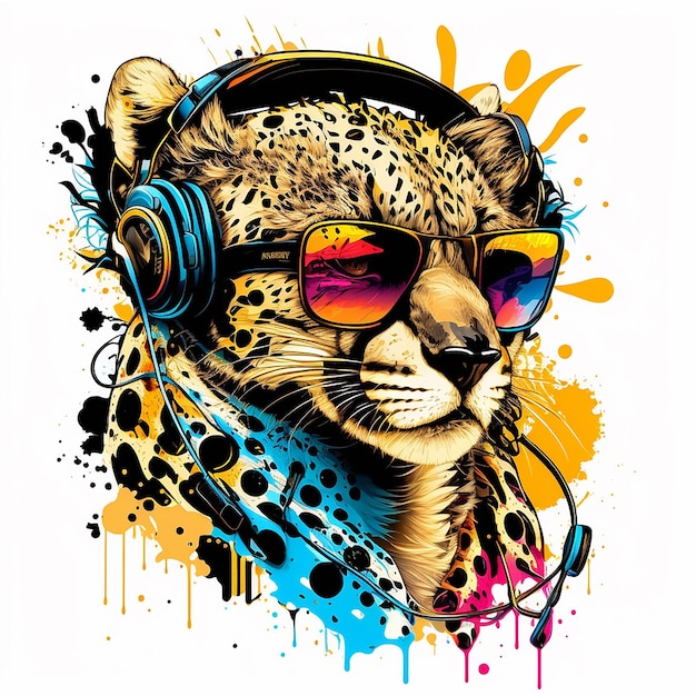 A cheetah with sunglasses and headphones is wearing a shirt with a hoodie and sunglasses.