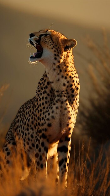 A cheetah with a white face is yawning in the grass generative ai