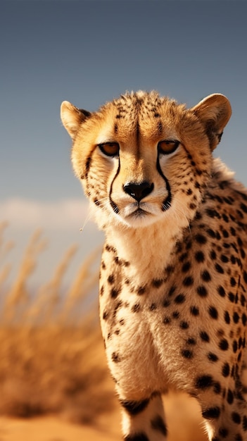 Cheetah zwerft door het uitgestrekte woestijnlandschap waardoor er voldoende kopieerruimte is Vertical Mobile Wallpaper