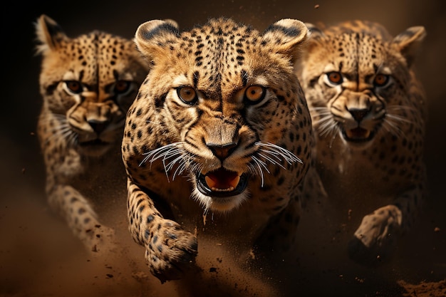 Cheetahs in beweging tegen een donkere achtergrond