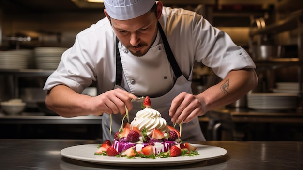 Foto chef che aggiunge i tocchi finali a una pavlova in una cucina immagine di cibo