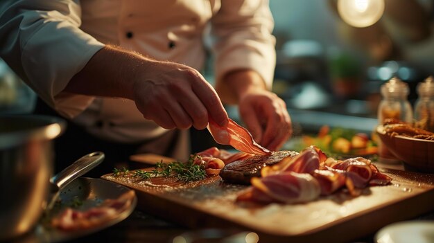 Chef adding prosciutto to a steak in a kitchen