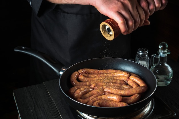 The chef adds pepper to pan with raw meat sausage. Preparation for cooking sausages in the kitchen of a restaurant or cafe on table with vegetables and spices