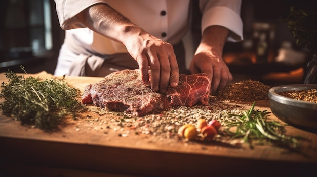 The chef adds seasonings with dried herbs and sprinkles them into the meat Placed on a wooden board in a restaurant kitchen