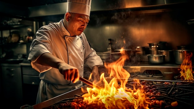 Chef in an Asian restaurant kitchen flame and smoke on the gas stove Generative AI