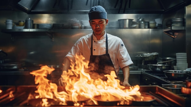 Chef in an Asian restaurant kitchen and smoke on the gas stove