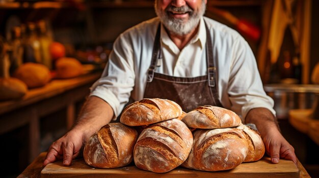 Chef or baker with freshly baked bread