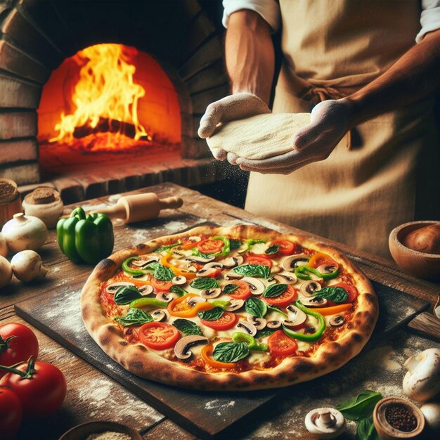 Photo a chef bakes pizza with vegetables a fire stove in the back for social media template design post