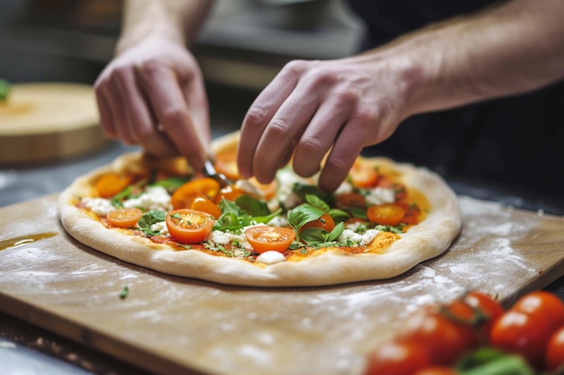 Chef bereidt pizza voor in de keuken, dichtbij de handen.