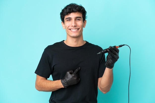 Chef over blue wall making unimportant gesture