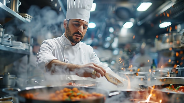 A chef in a bustling kitchen