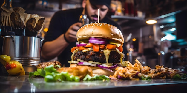 Photo chef in a bustling restaurant prepares a gourmet burger focus on juicy burger culinary delight in casual dining ai