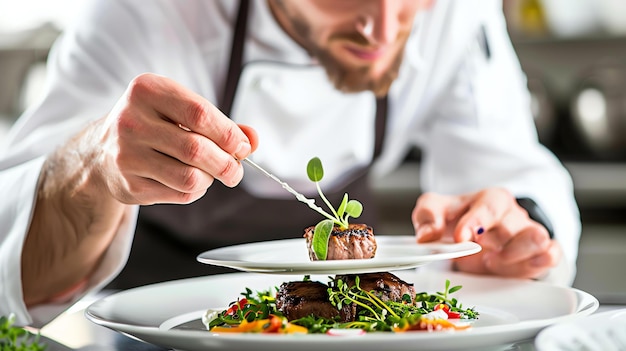 A chef carefully garnishes a plate of food adding the finishing touches to a delicious meal