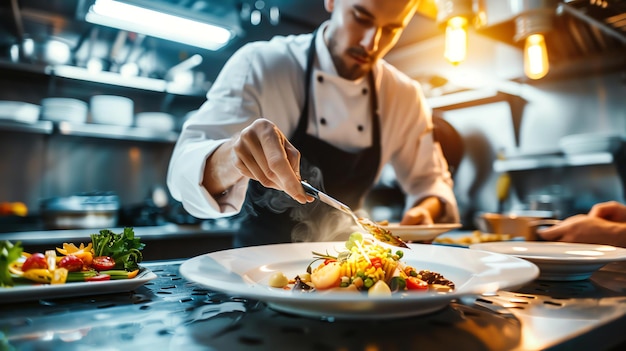 A chef carefully garnishes a plate of food in a commercial kitchen