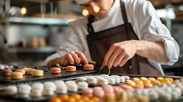 Foto uno chef mette attentamente un macaron su un piatto il macaron è una delicata pasticceria francese fatta con farina di mandorle, zucchero e bianchi d'uovo