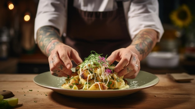 Chef carefully plating a delicious meal