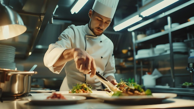 A chef carefully plating a dish in a restaurant kitchen