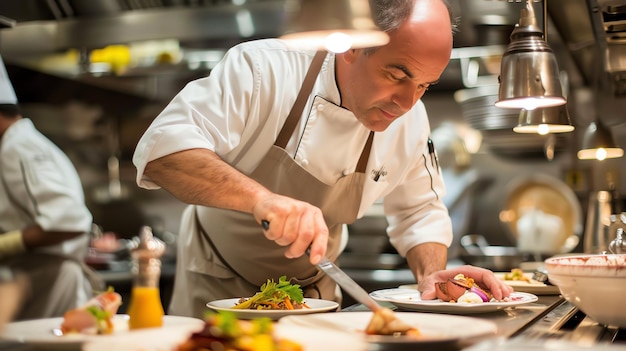 A chef carefully prepares a dish in a restaurant kitchen He is focused on his work and takes pride in his craft