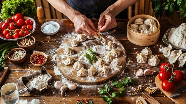 Chef carefully shaping traditional dumplings