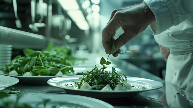 Photo a chef carefully sprinkles microgreens on a plate of food adding the finishing touch to a delicious meal